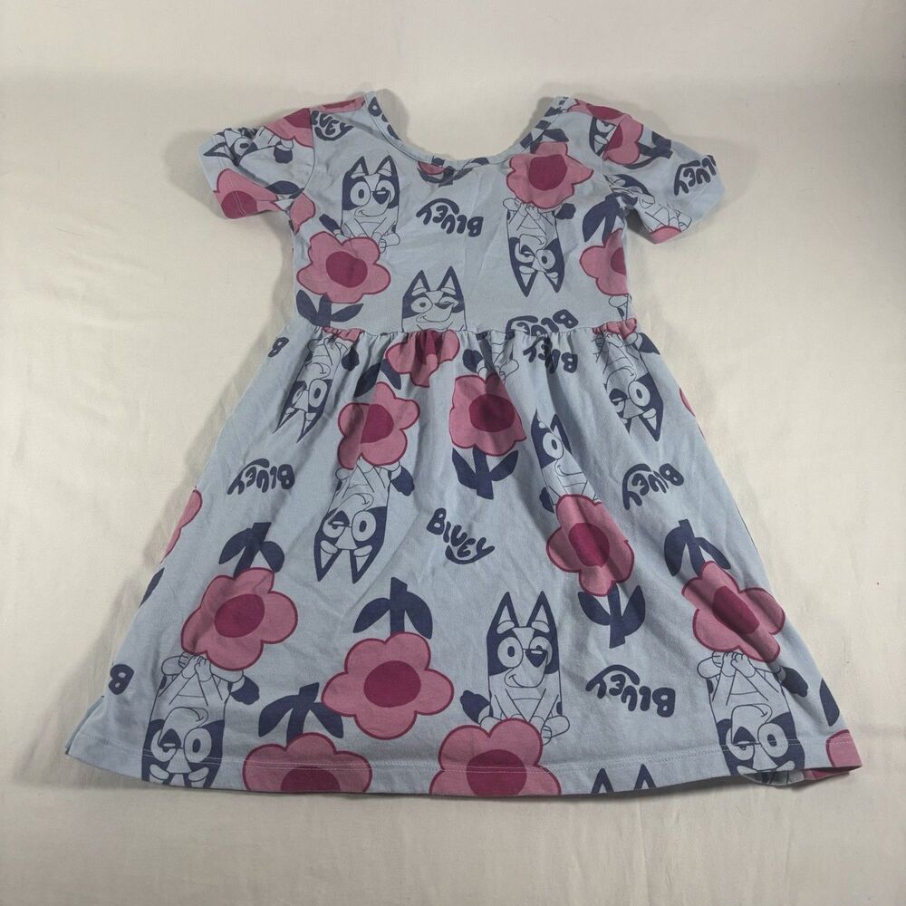 Bluey Girls S 6/6X Blue Pink Floral Character Dress Short Sleeve